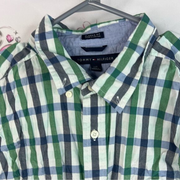 Tommy Hilfiger button up tshirt collared Men's Green and Blue Checkered Shirt - Picture 6 of 12